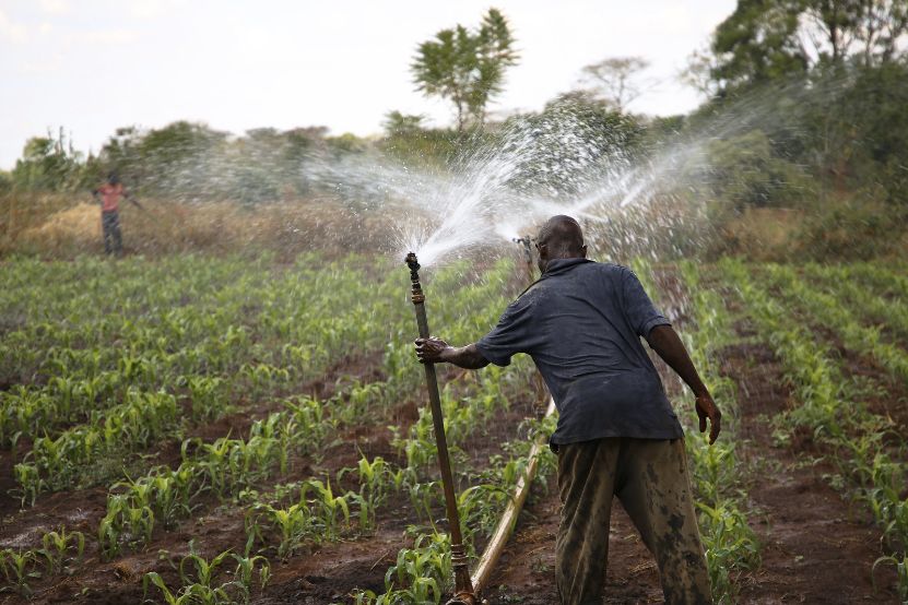 Dynamic photo of man standing holding sprinkler system for watering crops.